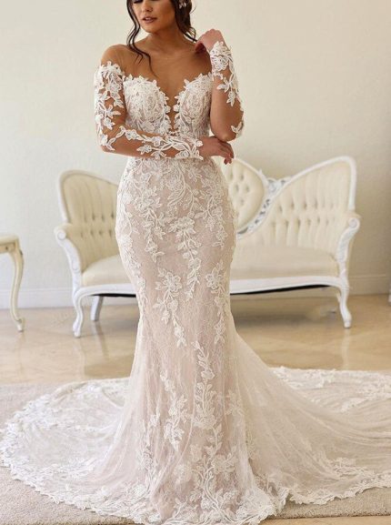 Sophisticated Lace Wedding Gown with Illusion Neckline and Long Sleeves
