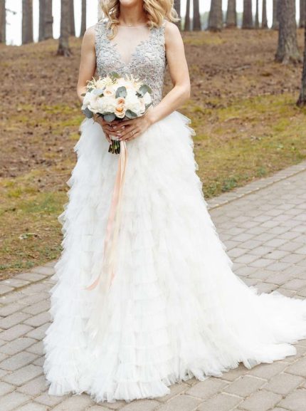 Luxurious Lace Appliques Tiered Wedding Dress with Illusion Neckline