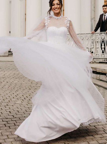 Idolrays Lace Applique Wedding Gown with High Neckline and Long Sleeves