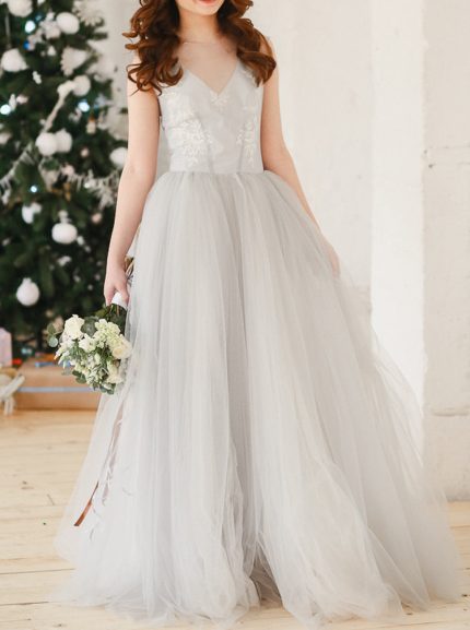Idolrays A-line Wedding Dress with Illusion Neckline and Lace Appliques