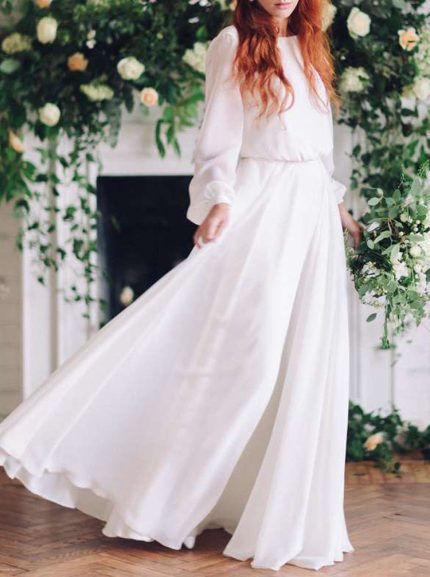 Chiffon A-line Wedding Dress with Long Sleeves and Sash