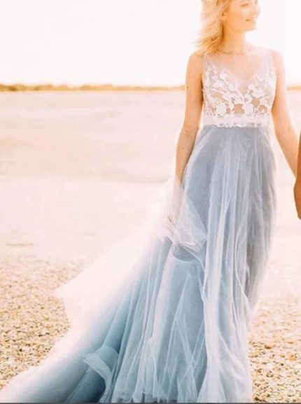 Idolrays Lace Applique Wedding Gown with V Neckline