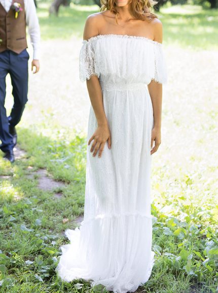 Off The Shoulder Lace Wedding Gown with A-line Silhouette