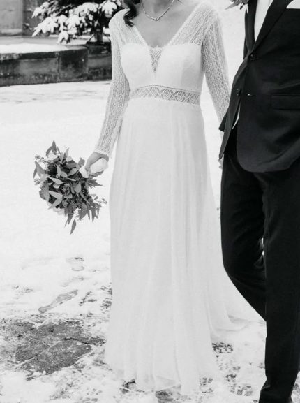 Chiffon Lace A-line Wedding Dress with Plunging Neckline and Sweep Train