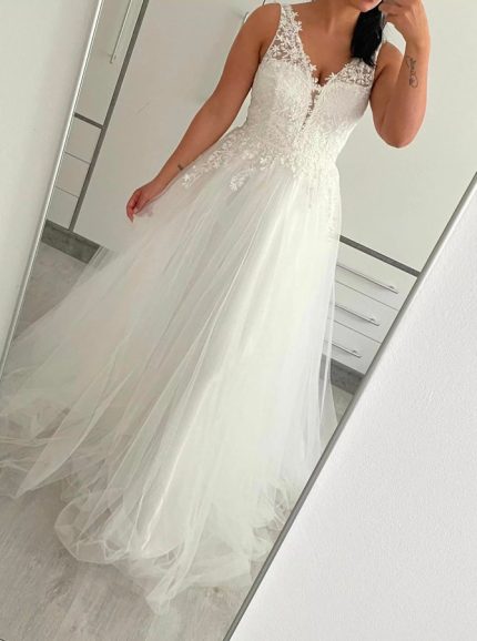 Rustic A-line Wedding Dress with Plunging Neckline and Lace Appliques