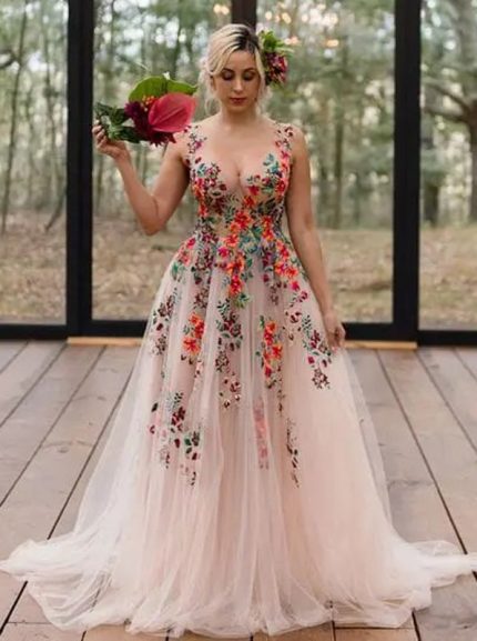 Idolrays V-Neckline A-line Wedding Dress with Lace Appliques
