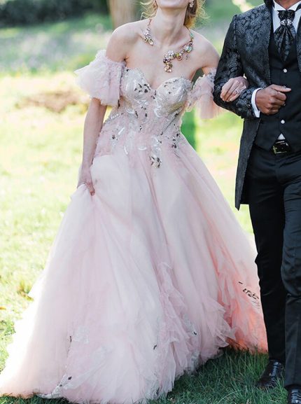 Romantic Off The Shoulder A-line Wedding Dress with Sequined Lace Appliques