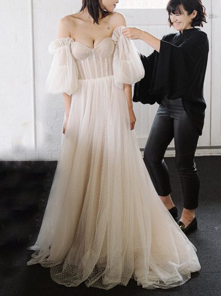 Idolrays Tulle A-line Wedding Gown with Long Sleeves and Lace Up Back