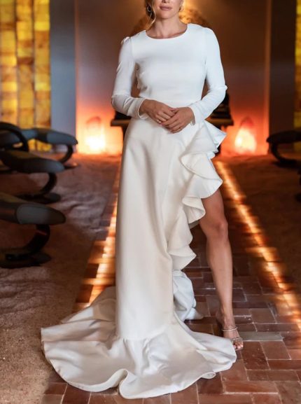 Modern A-line Wedding Dress with Jewel Neckline and Ruffles