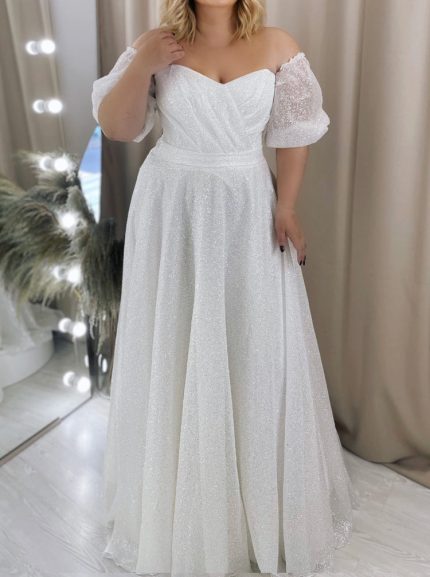 Sparkly Glitter Tulle Wedding Gown with Sweetheart Neckline and Lace Up Back