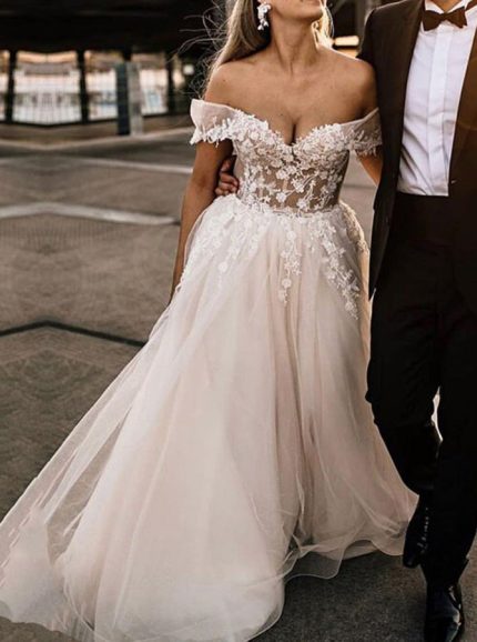 Idolrays Lace Applique Wedding Gown with Off-The-Shoulder Neckline