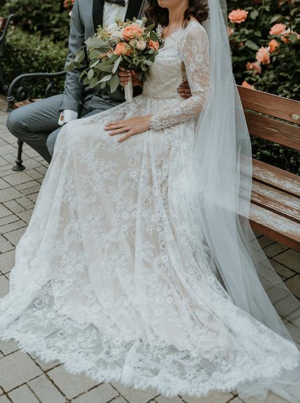 Idolrays Lace A-line Wedding Gown with Long Sleeves and Beaded Belt