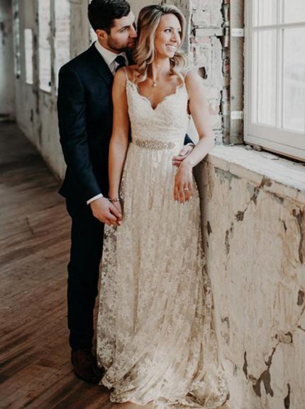 Lace A-line Wedding Dress with V-neck and Open Back