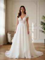 A-Line Organza Wedding Dress with Lace-V-neck-Court Train