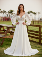Elegant Long Sleeve Chiffon Bridal Gown Natural Waist - Image 2