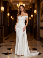 Luxurious Charmeuse Sheath Gown with Ruched Off-Shoulder Neckline
