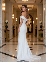 Luxurious Charmeuse Sheath Gown with Ruched Off-Shoulder Neckline - Image 2