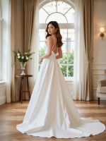 Sophisticated V-Neck Satin Bridal Gown Timeless A-Line Silhouette - Image 3