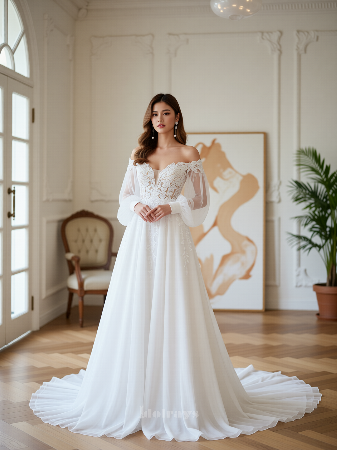 3962360281.png Ethereal A-Line Tulle Wedding Dress Romantic Long Sleeves - Image 1