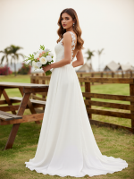 A-Line Chiffon Wedding Dress with Lace Scoop Neck Sweep Train - Image 2