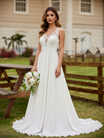 A-Line Chiffon Wedding Dress with Lace Scoop Neck Sweep Train