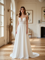 A-Line Chiffon Wedding Dress with Lace V-neck Sweep Train - Image 2