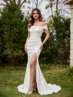 Sheath Stretch Crepe Wedding Dress with Ruched Off-Shoulder