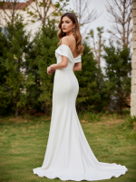 Sheath Stretch Crepe Wedding Dress with Ruched Off-Shoulder - Image 2
