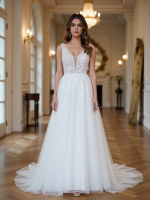 A-Line Tulle Wedding Dress with Applique V-neck Sweep Train