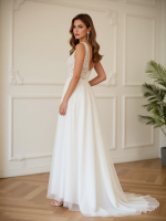 A-Line Tulle Wedding Dress with Applique V-neck Sweep Train - Image 2