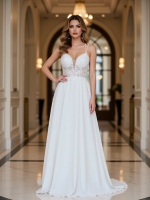 A-Line Chiffon Wedding Dress with Lace V-neck Sweep Train - Image 4