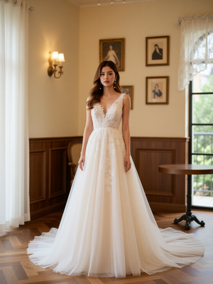 Luxurious Sleeveless Tulle Bridal Dress Ethereal A-Line Tulle Wedding